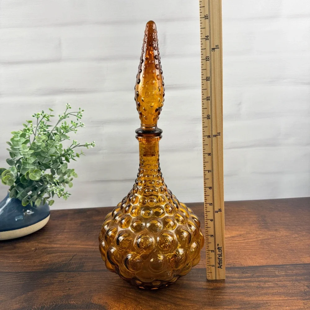 Empoli Large Bubble Squat Amber Genie Bottle Decanter Italian Glass MCM